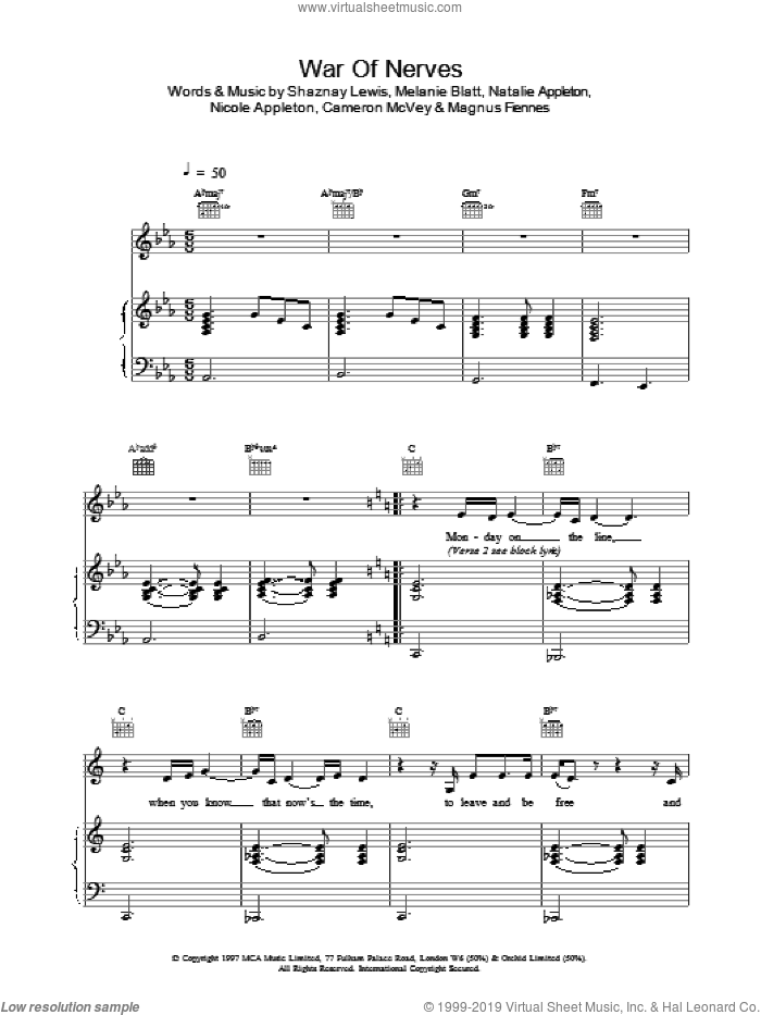 War Of Nerves sheet music for voice, piano or guitar by All Saints, intermediate skill level