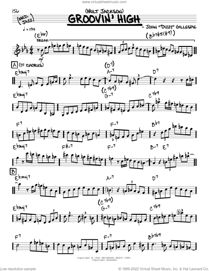 Groovin' High (solo only) sheet music for voice and other instruments (real book) by Milt Jackson and Dizzy Gillespie, intermediate skill level