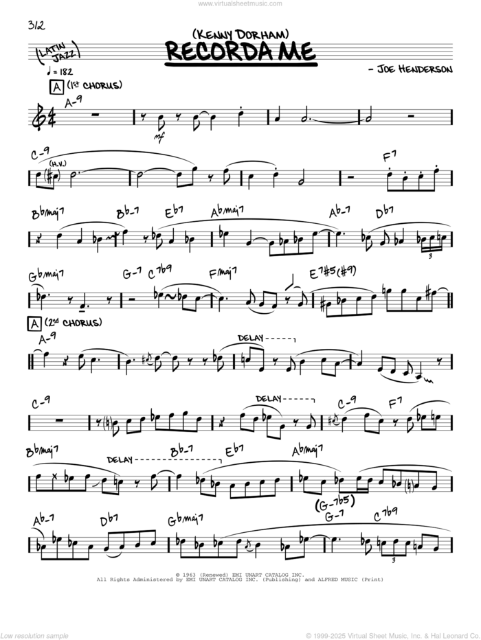 Recorda Me (solo only) sheet music for voice and other instruments (real book) by Kenny Dorham and Joe Henderson, intermediate skill level