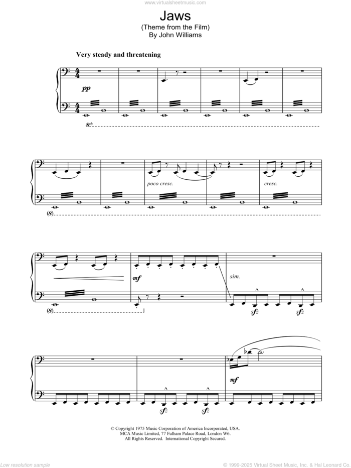 Theme from Jaws, (intermediate) sheet music for piano solo by John Williams, intermediate skill level