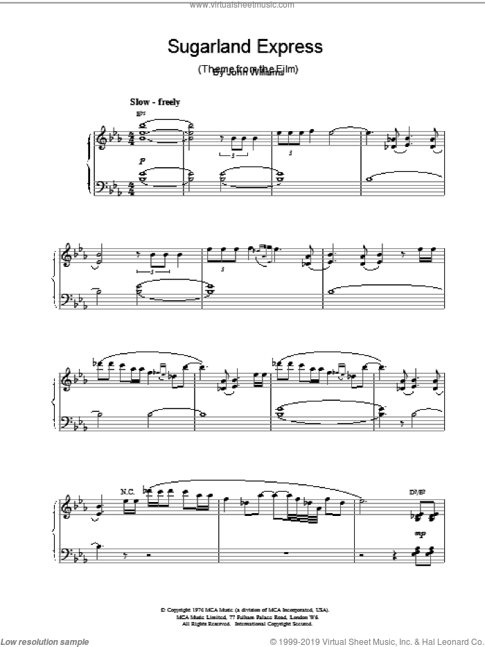 Sugarland Express sheet music for piano solo by John Williams, intermediate skill level