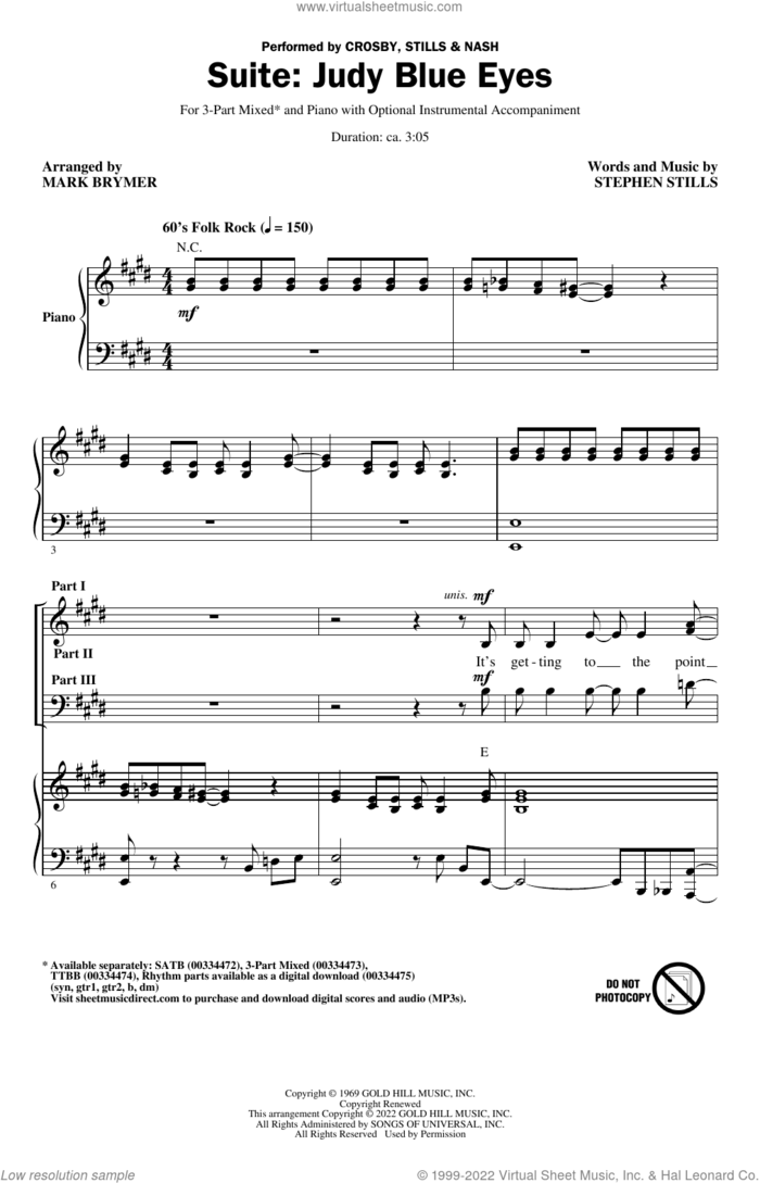 Suite: Judy Blue Eyes (arr. Mark Brymer) sheet music for choir (3-Part Mixed) by Crosby, Stills & Nash, Mark Brymer and Stephen Stills, intermediate skill level