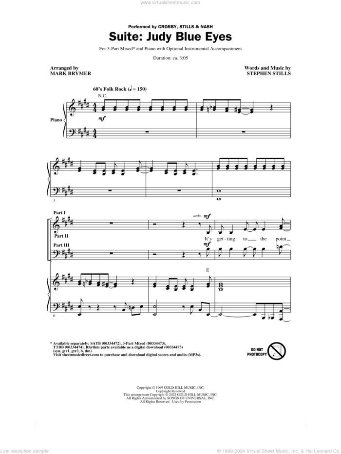 Suite: Judy Blue Eyes (arr. Mark Brymer) sheet music for choir (3-Part Mixed) by Crosby, Stills & Nash, Mark Brymer and Stephen Stills, intermediate skill level