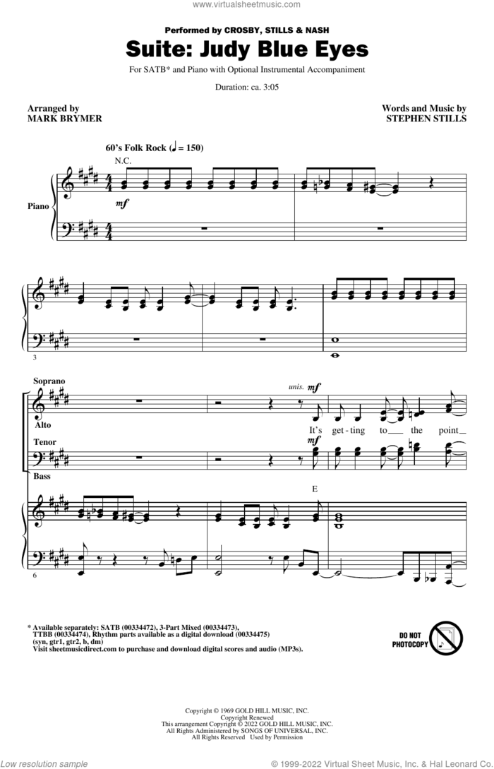 Suite: Judy Blue Eyes (arr. Mark Brymer) sheet music for choir (SATB: soprano, alto, tenor, bass) by Crosby, Stills & Nash, Mark Brymer and Stephen Stills, intermediate skill level