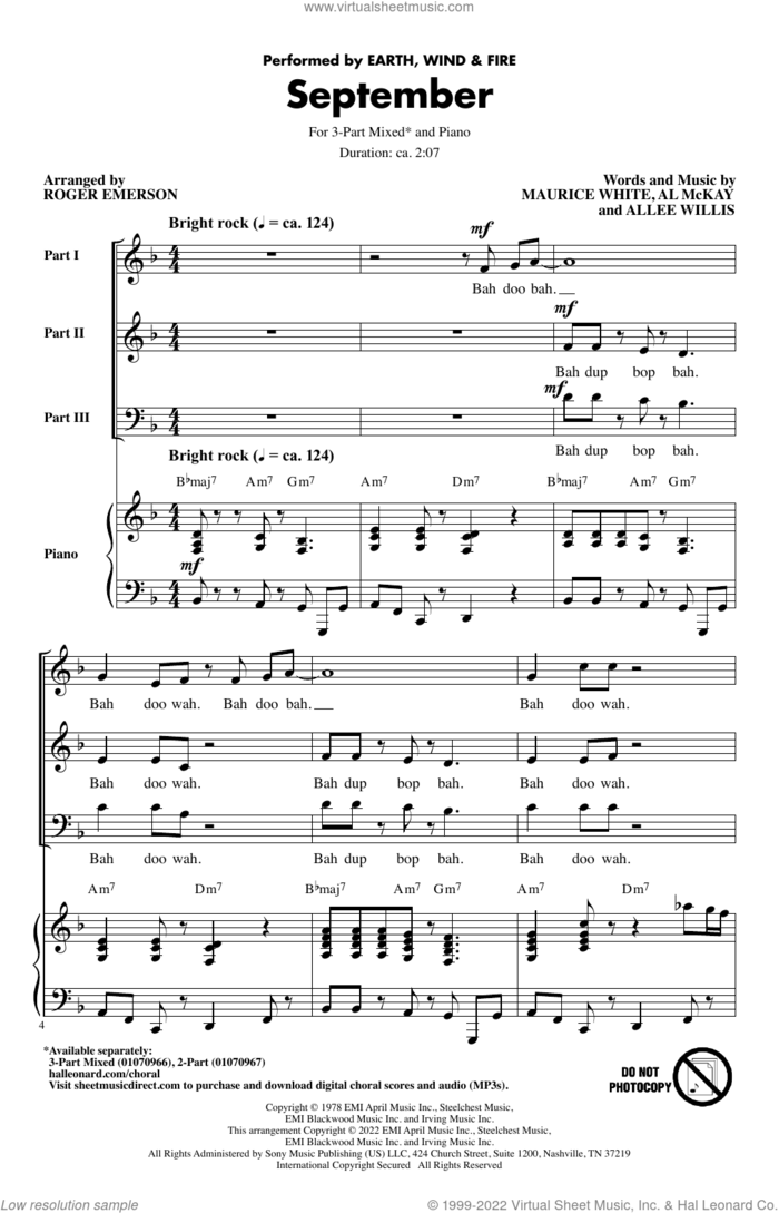 September (arr. Roger Emerson) sheet music for choir (3-Part Mixed) by Earth, Wind & Fire, Roger Emerson, Al McKay, Allee Willis and Maurice White, intermediate skill level