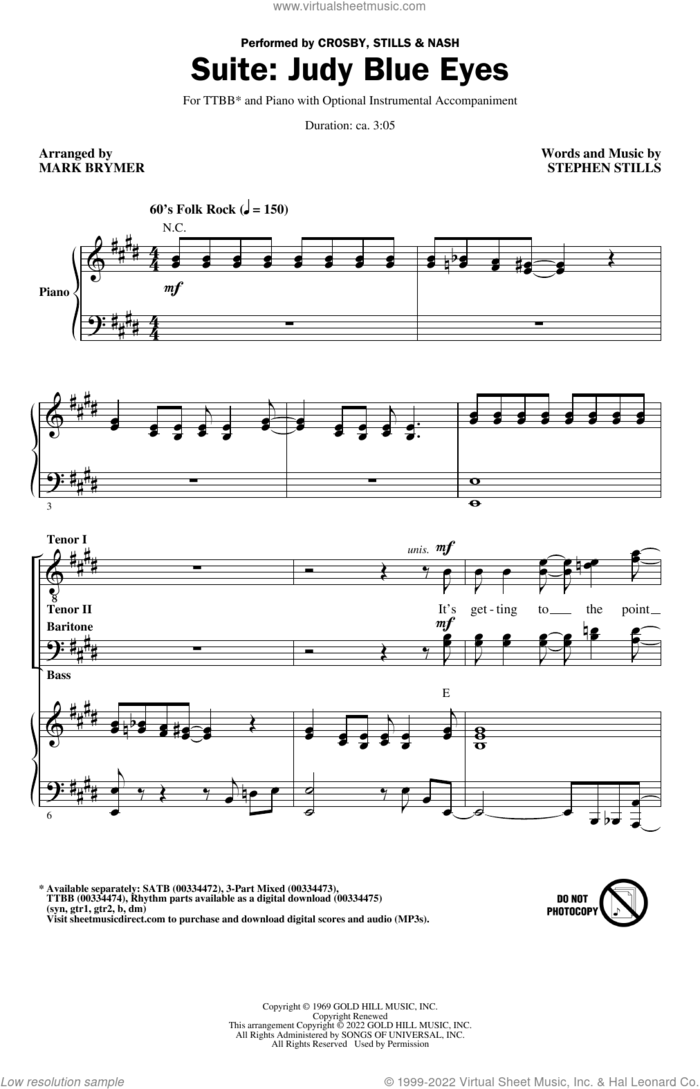 Suite: Judy Blue Eyes (arr. Mark Brymer) sheet music for choir (TTBB: tenor, bass) by Crosby, Stills & Nash, Mark Brymer and Stephen Stills, intermediate skill level