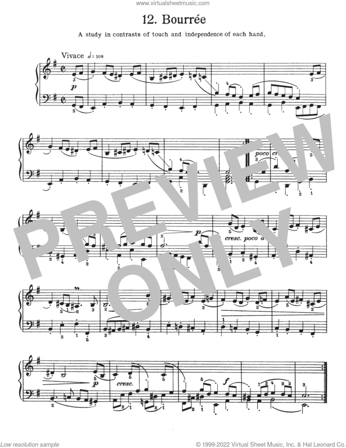 Bourree, BWV 996 sheet music for piano solo by Johann Sebastian Bach and Walter Carroll, classical score, intermediate skill level