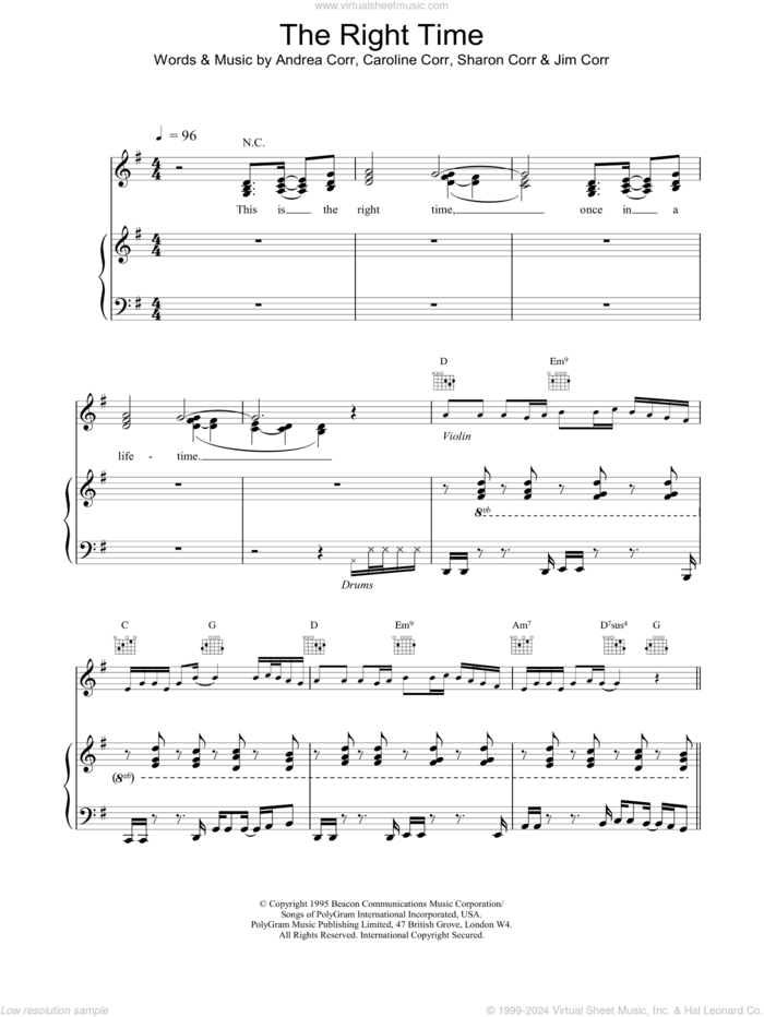 The Right Time sheet music for voice, piano or guitar by The Corrs, intermediate skill level