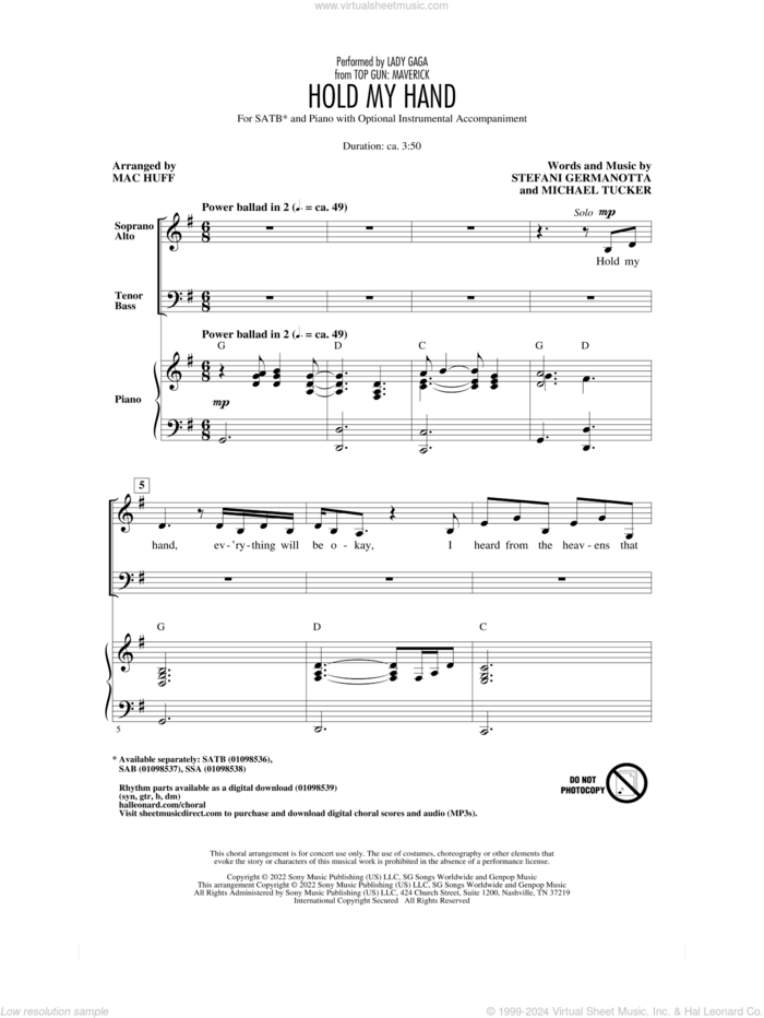 Hold My Hand (from Top Gun: Maverick) (arr. Mac Huff) sheet music for choir (SATB: soprano, alto, tenor, bass) by Lady Gaga, Mac Huff and Michael Tucker p/k/a BloodPop, intermediate skill level