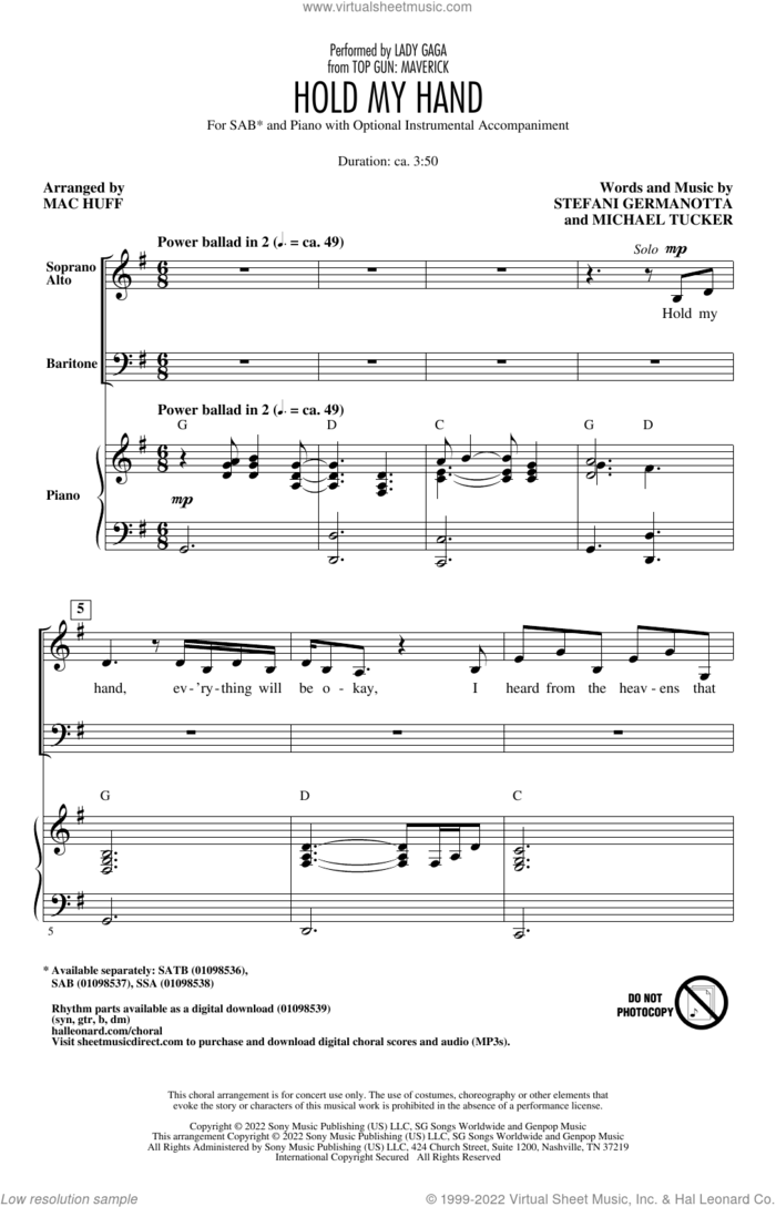 Hold My Hand (from Top Gun: Maverick) (arr. Mac Huff) sheet music for choir (SAB: soprano, alto, bass) by Lady Gaga, Mac Huff and Michael Tucker p/k/a BloodPop, intermediate skill level