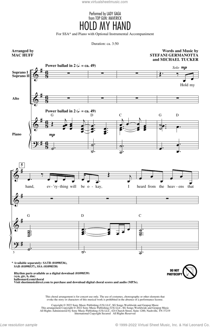 Hold My Hand (from Top Gun: Maverick) (arr. Mac Huff) sheet music for choir (SSA: soprano, alto) by Lady Gaga, Mac Huff and Michael Tucker p/k/a BloodPop, intermediate skill level