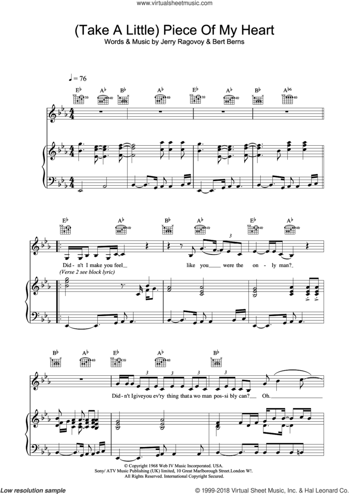 (Take A Little) Piece Of My Heart sheet music for voice, piano or guitar by Erma Franklin, Bert Berns and Jerry Ragovoy, intermediate skill level