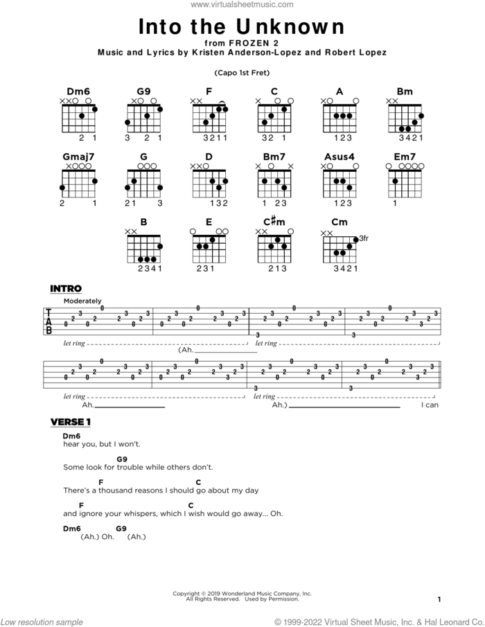 Into The Unknown (from Disney's Frozen 2) sheet music for guitar solo by Idina Menzel and AURORA, Kristen Anderson-Lopez and Robert Lopez, beginner skill level