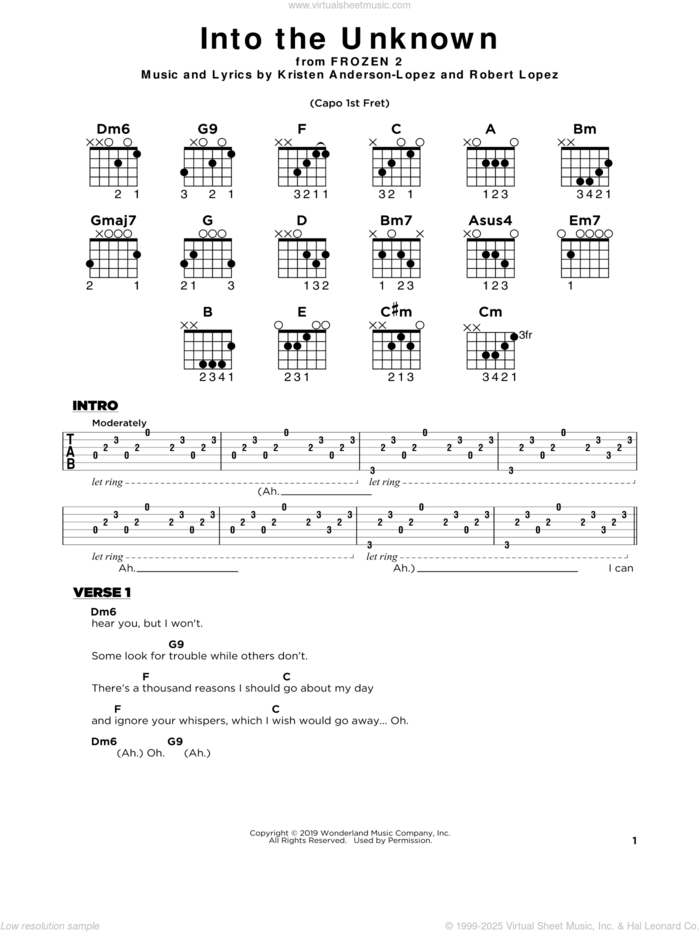 Into The Unknown (from Disney's Frozen 2) sheet music for guitar solo by Idina Menzel and AURORA, Kristen Anderson-Lopez and Robert Lopez, beginner skill level