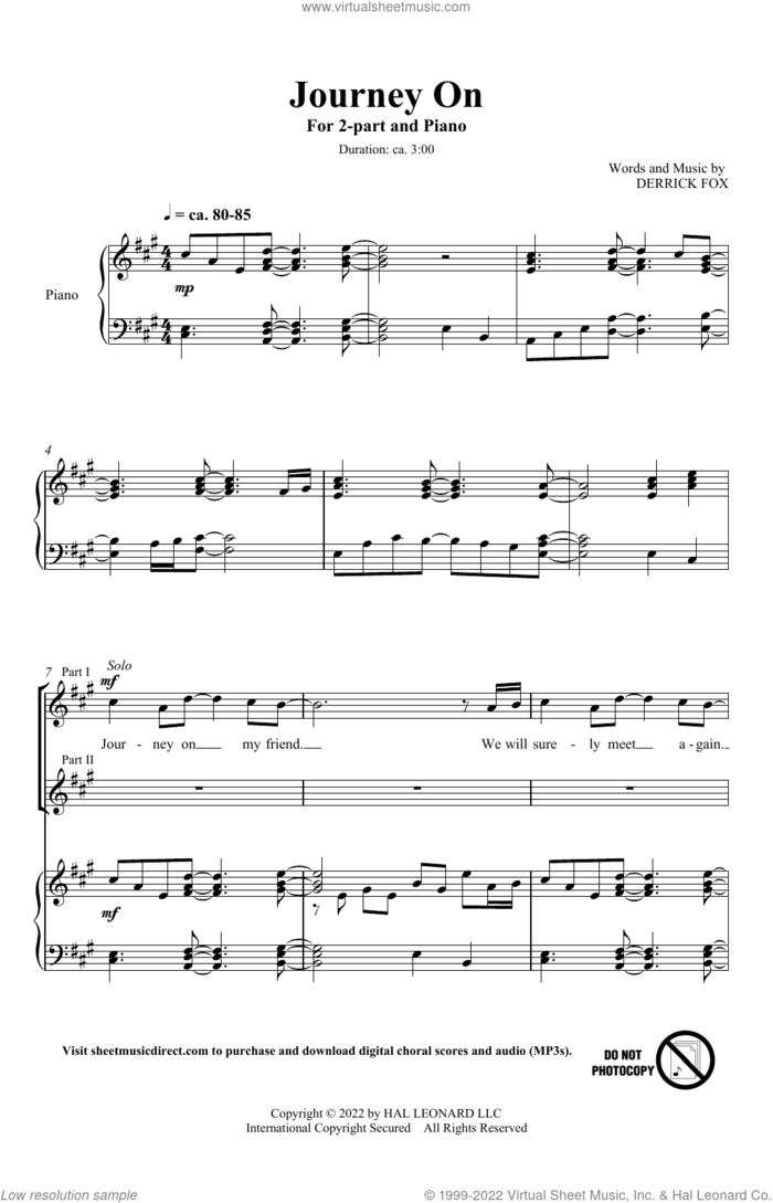 Journey On sheet music for choir (2-Part) by Derrick Fox, intermediate duet
