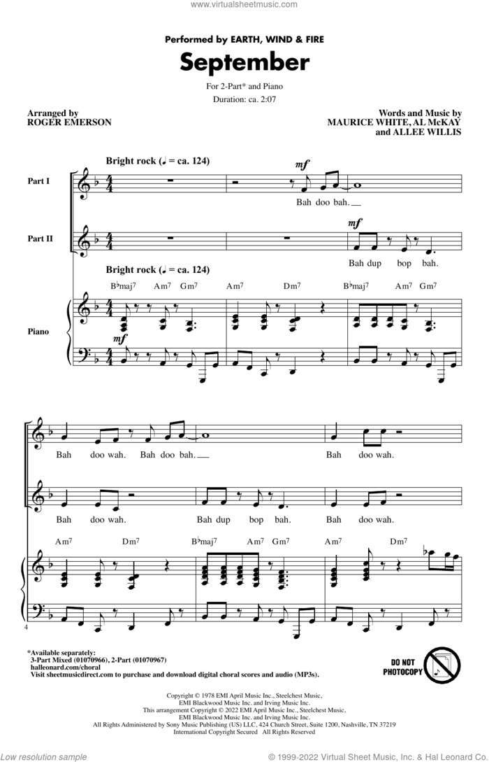 September (arr. Roger Emerson) sheet music for choir (2-Part) by Earth, Wind & Fire, Roger Emerson, Al McKay, Allee Willis and Maurice White, intermediate duet