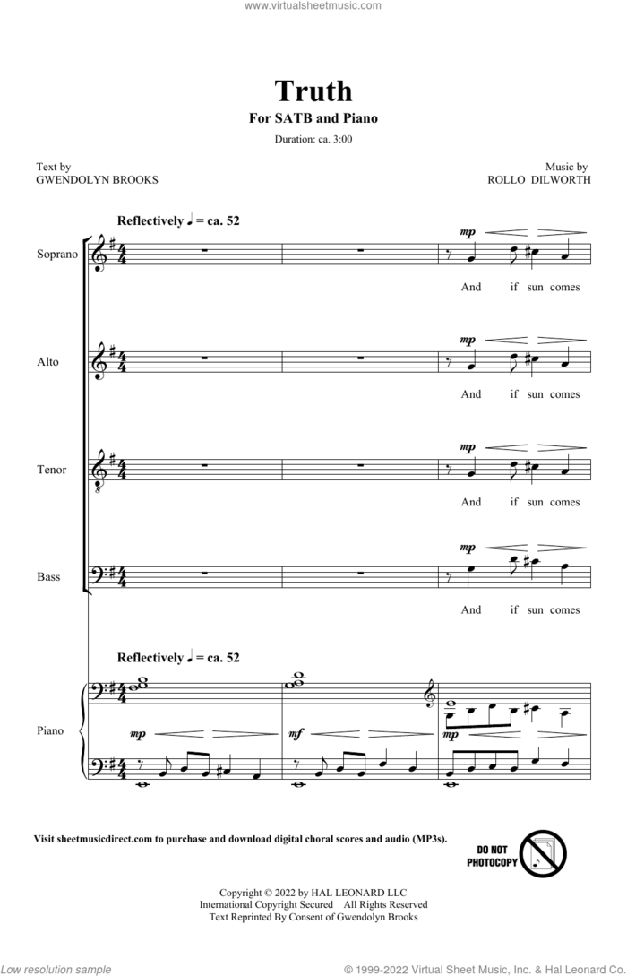 Truth sheet music for choir (SATB: soprano, alto, tenor, bass) by Rollo Dilworth and Gwendolyn Brooks, intermediate skill level