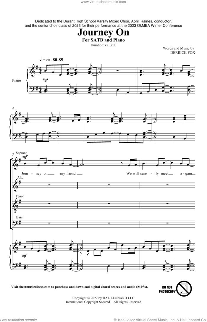 Journey On sheet music for choir (SATB: soprano, alto, tenor, bass) by Derrick Fox, intermediate skill level