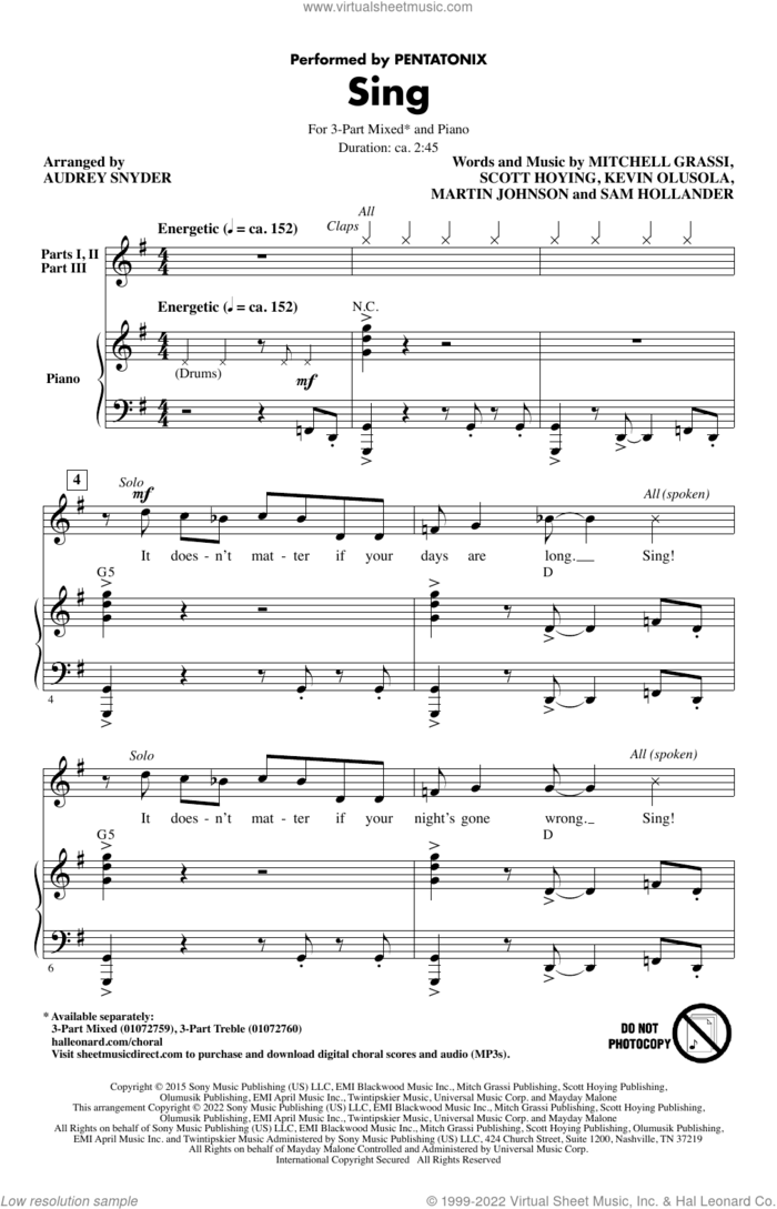 Sing (arr. Audrey Snyder) sheet music for choir (3-Part Mixed) by Pentatonix, Audrey Snyder, Kevin Olusola, Martin Johnson, Mitchell Grassi, Sam Hollander and Scott Hoying, intermediate skill level