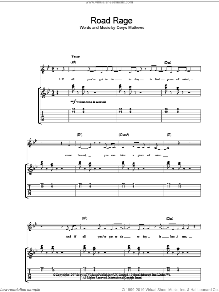Road Rage sheet music for voice, piano or guitar by Catatonia, intermediate skill level