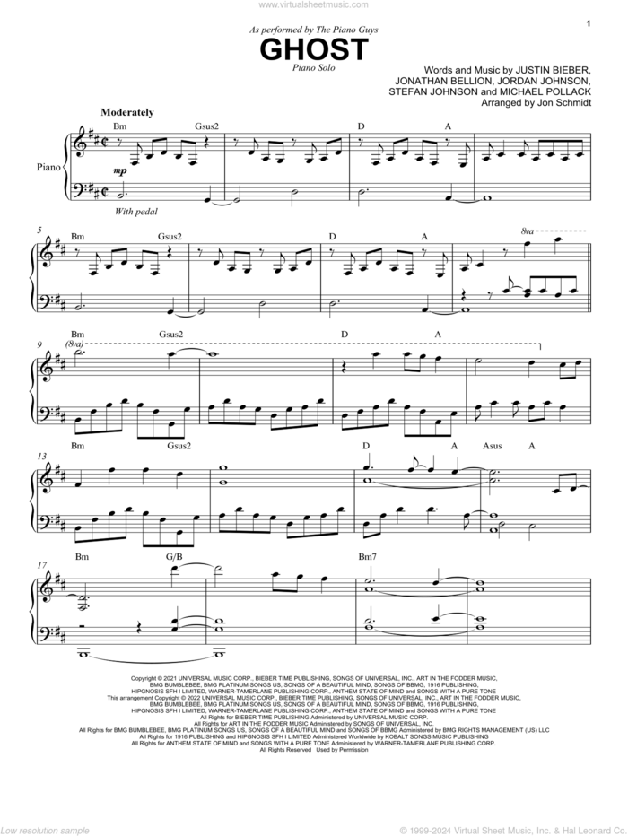 Ghost sheet music for piano solo by The Piano Guys, Jonathan Bellion, Jordan Johnson, Justin Bieber, Michael Pollack and Stefan Johnson, intermediate skill level