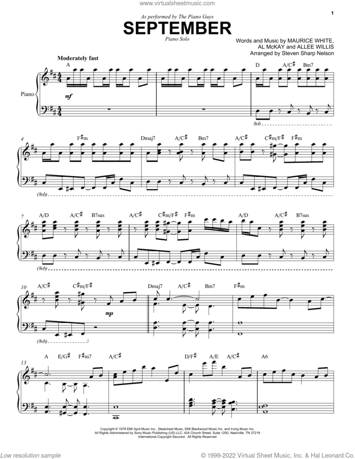 September sheet music for piano solo by The Piano Guys, Earth, Wind & Fire, Al McKay, Allee Willis and Maurice White, intermediate skill level