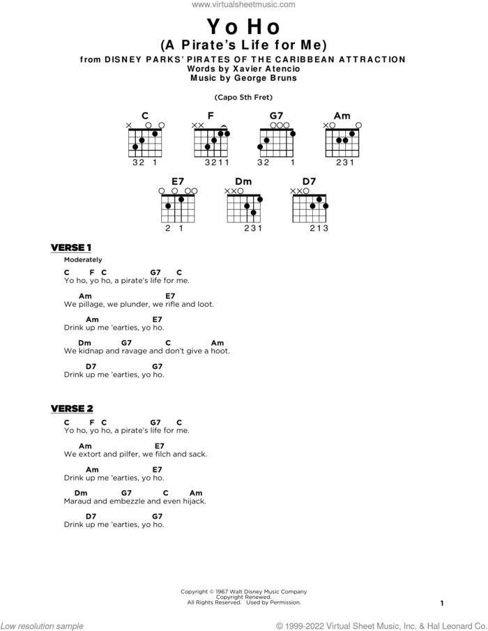 Yo Ho (A Pirate's Life For Me) sheet music for guitar solo by George Bruns and Xavier Atencio, beginner skill level