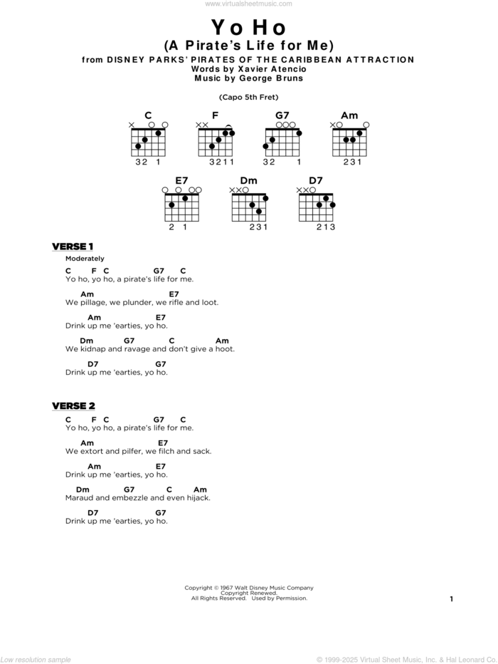 Yo Ho (A Pirate's Life For Me) sheet music for guitar solo by George Bruns and Xavier Atencio, beginner skill level