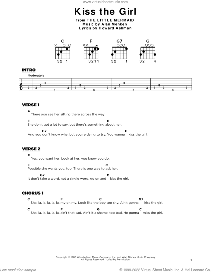 Kiss The Girl (from The Little Mermaid) sheet music for guitar solo by Alan Menken, Alan Menken & Howard Ashman and Howard Ashman, beginner skill level