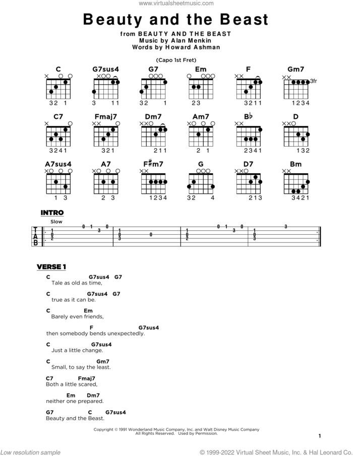 Beauty And The Beast, (beginner) sheet music for guitar solo by Alan Menken, Alan Menken & Howard Ashman and Howard Ashman, beginner skill level