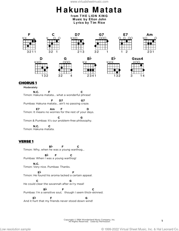 Hakuna Matata (from The Lion King) sheet music for guitar solo by Elton John and Tim Rice, beginner skill level