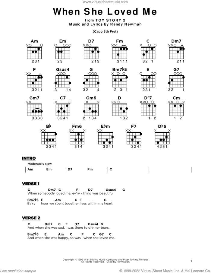 When She Loved Me (from Toy Story 2) sheet music for guitar solo by Sarah McLachlan and Randy Newman, beginner skill level