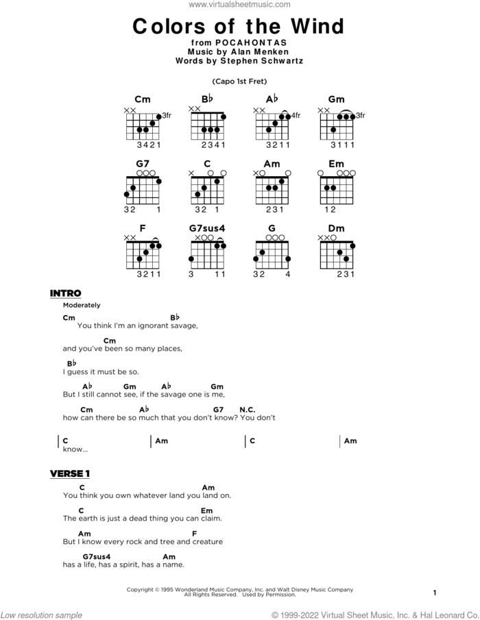 Colors Of The Wind (from Pocahontas), (beginner) sheet music for guitar solo by Alan Menken, Vanessa Williams, Alan Menken & Stephen Schwartz and Stephen Schwartz, beginner skill level