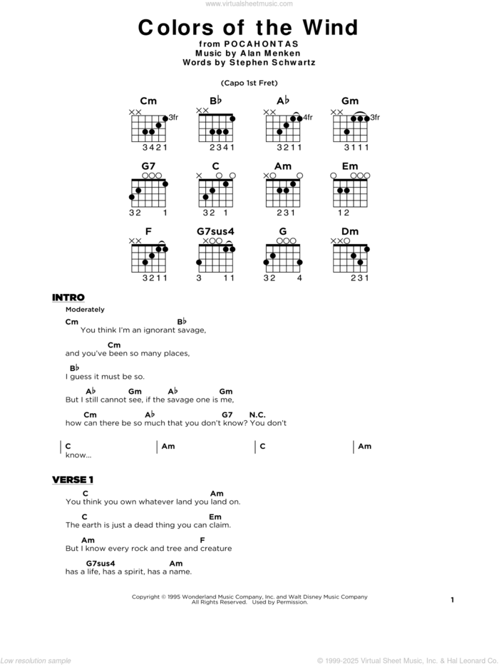 Colors Of The Wind (from Pocahontas), (beginner) sheet music for guitar solo by Alan Menken, Vanessa Williams, Alan Menken & Stephen Schwartz and Stephen Schwartz, beginner skill level