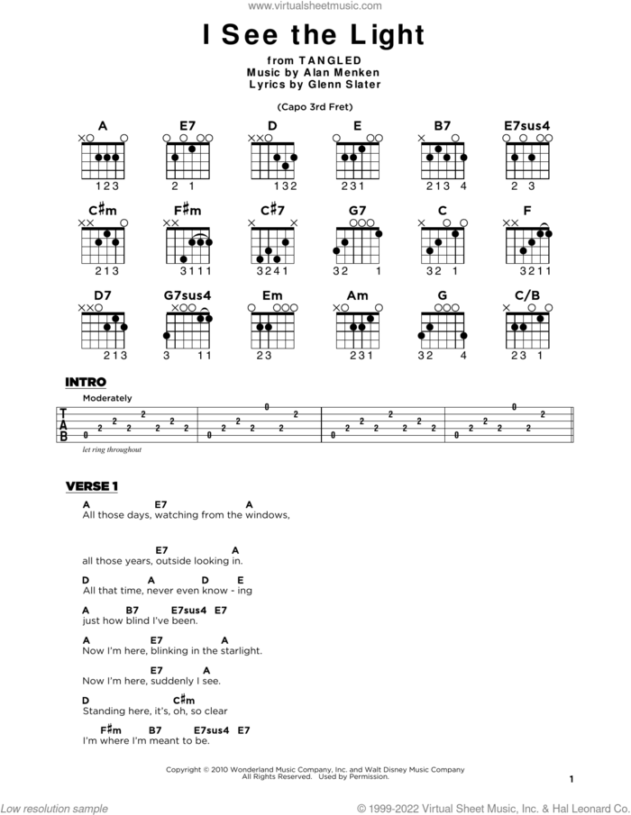 I See The Light (from Tangled), (beginner) sheet music for guitar solo by Alan Menken and Glenn Slater, beginner skill level