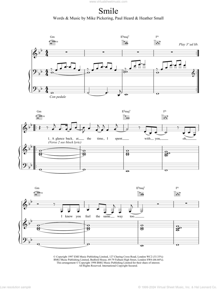 Smile sheet music for voice, piano or guitar by M People, intermediate skill level