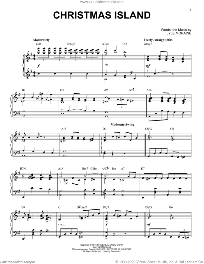 Christmas Island [Jazz version] (arr. Brent Edstrom) sheet music for piano solo by Lyle Moraine and Brent Edstrom, intermediate skill level