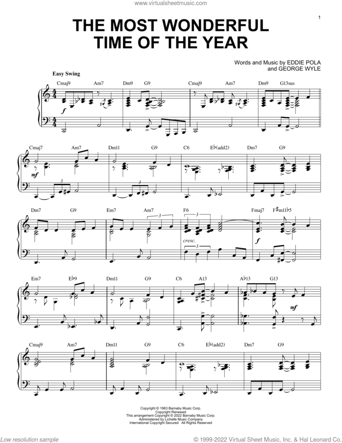 The Most Wonderful Time Of The Year [Jazz version] (arr. Brent Edstrom) sheet music for piano solo by Andy Williams, Brent Edstrom, Eddie Pola and George Wyle, intermediate skill level