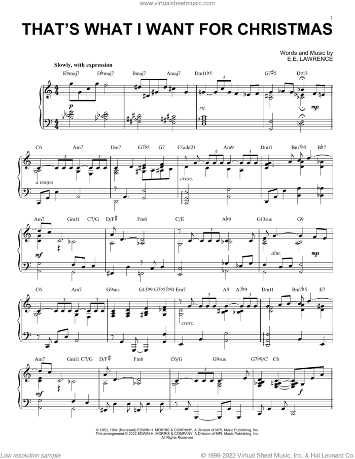 That's What I Want For Christmas [Jazz version] (arr. Brent Edstrom) sheet music for piano solo by Nancy Wilson, Brent Edstrom and E.E. Lawrence, intermediate skill level