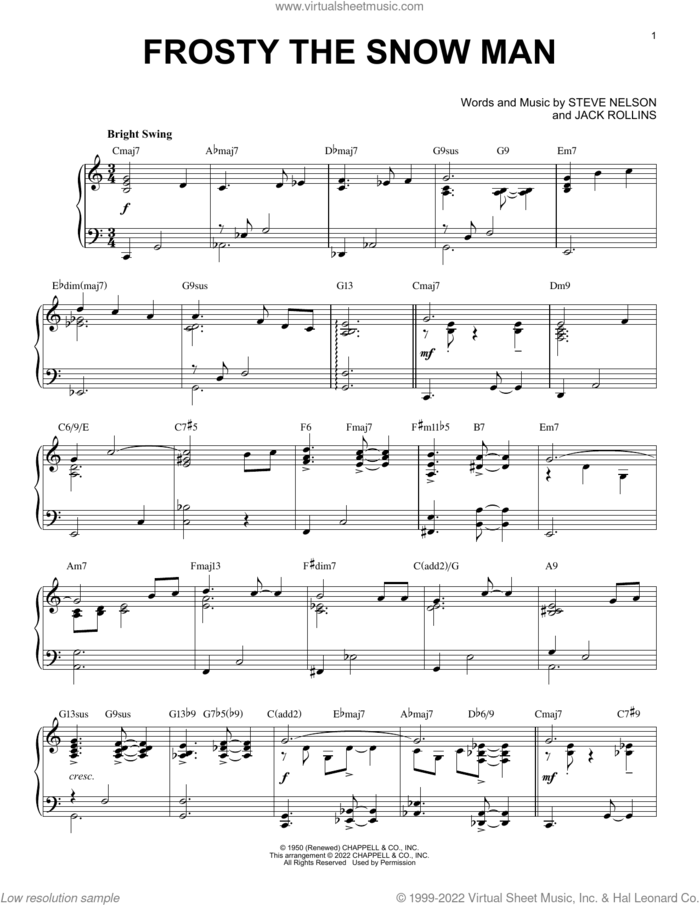Frosty The Snow Man [Jazz version] (arr. Brent Edstrom) sheet music for piano solo by Gene Autry, Brent Edstrom, Jack Rollins and Steve Nelson, intermediate skill level