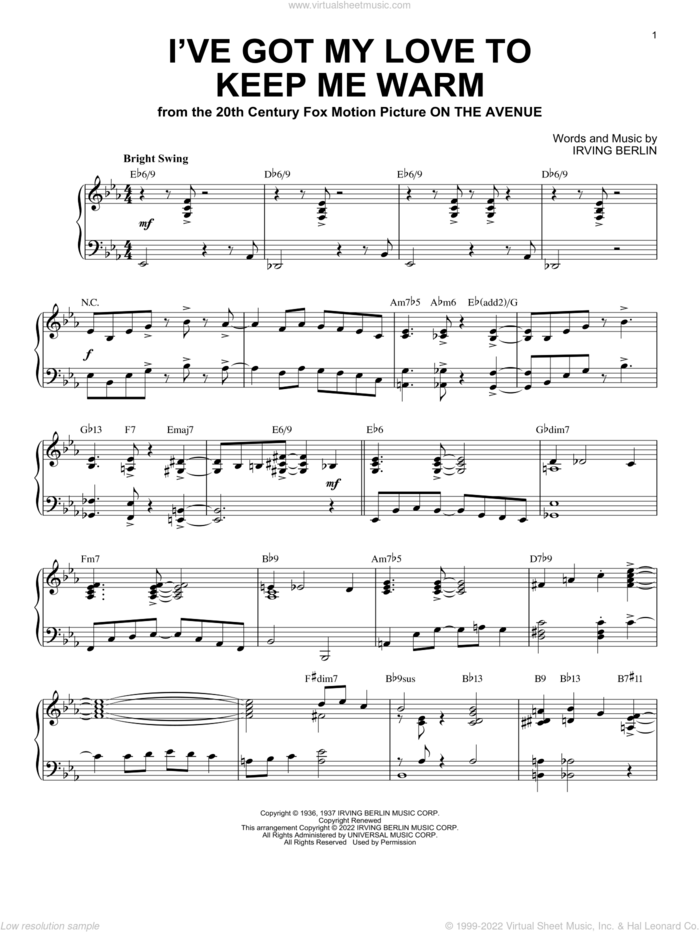 I've Got My Love To Keep Me Warm [Jazz version] (arr. Brent Edstrom) sheet music for piano solo by Irving Berlin and Brent Edstrom, intermediate skill level