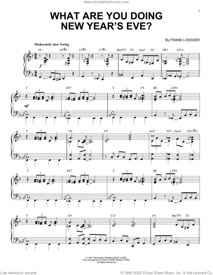 What Are You Doing New Year's Eve? [Jazz version] (arr. Brent Edstrom) sheet music for piano solo by Frank Loesser and Brent Edstrom, intermediate skill level