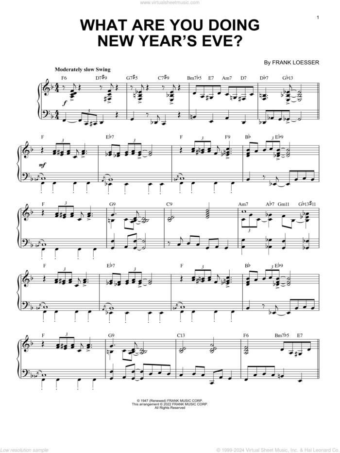 What Are You Doing New Year's Eve? [Jazz version] (arr. Brent Edstrom) sheet music for piano solo by Frank Loesser and Brent Edstrom, intermediate skill level