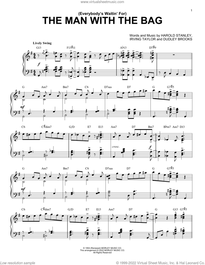 (Everybody's Waitin' For) The Man With The Bag [Jazz version] (arr. Brent Edstrom) sheet music for piano solo by Kay Starr, Brent Edstrom, Dudley Brooks, Harold Stanley and Irving Taylor, intermediate skill level