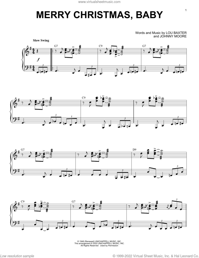 Merry Christmas, Baby [Jazz version] (arr. Brent Edstrom) sheet music for piano solo by Johnny Moore, Brent Edstrom, Elvis Presley and Lou Baxter, intermediate skill level