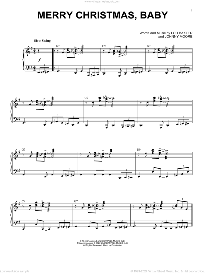 Merry Christmas, Baby [Jazz version] (arr. Brent Edstrom) sheet music for piano solo by Johnny Moore, Brent Edstrom, Elvis Presley and Lou Baxter, intermediate skill level