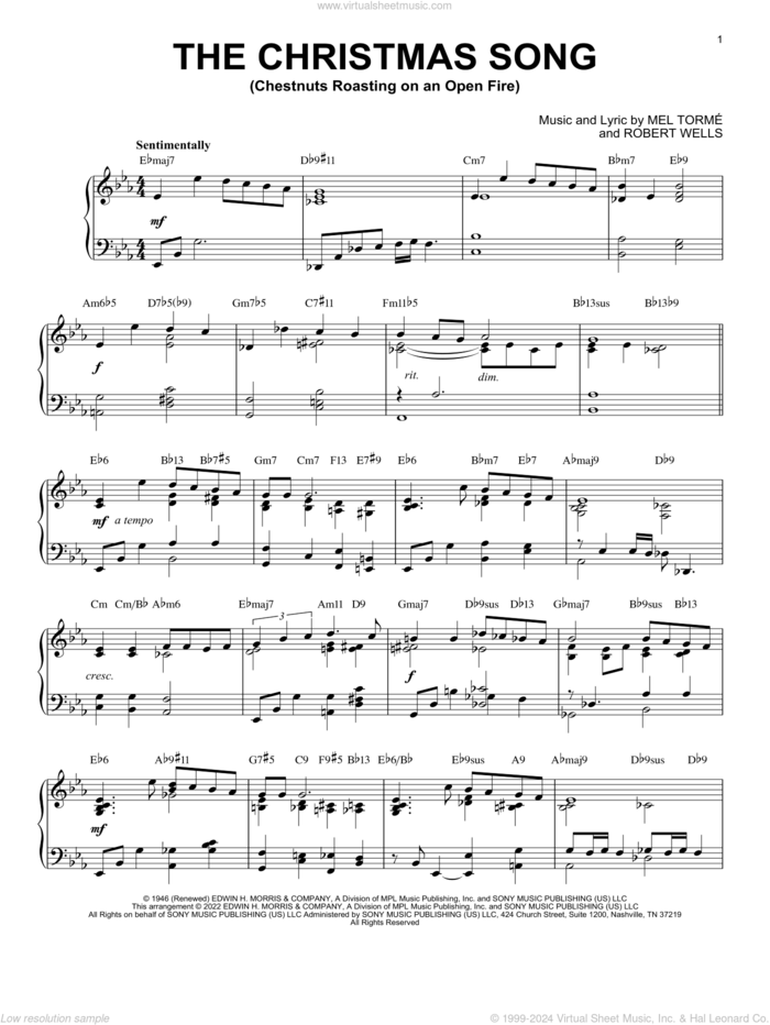 The Christmas Song [Jazz version] (arr. Brent Edstrom) sheet music for piano solo by Mel Torme and Brent Edstrom, intermediate skill level