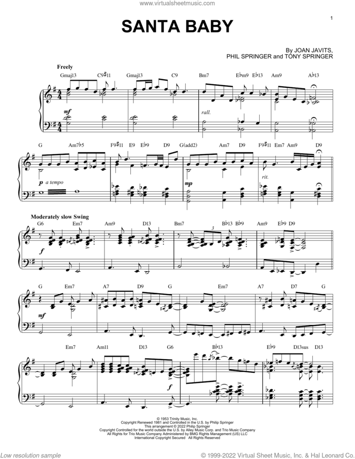 Santa Baby [Jazz version] (arr. Brent Edstrom) sheet music for piano solo by Eartha Kitt, Brent Edstrom, Joan Javits, Phil Springer and Tony Springer, intermediate skill level