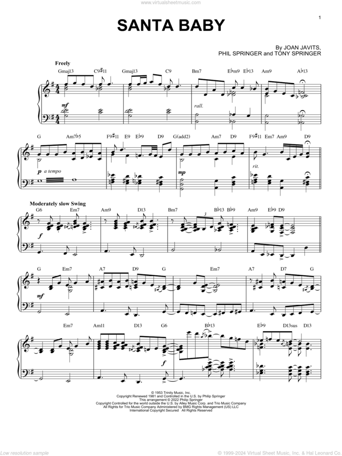 Santa Baby [Jazz version] (arr. Brent Edstrom) sheet music for piano solo by Eartha Kitt, Brent Edstrom, Joan Javits, Phil Springer and Tony Springer, intermediate skill level