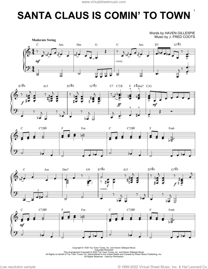 Santa Claus Is Comin' To Town [Jazz version] (arr. Brent Edstrom) sheet music for piano solo by J. Fred Coots, Brent Edstrom and Haven Gillespie, intermediate skill level
